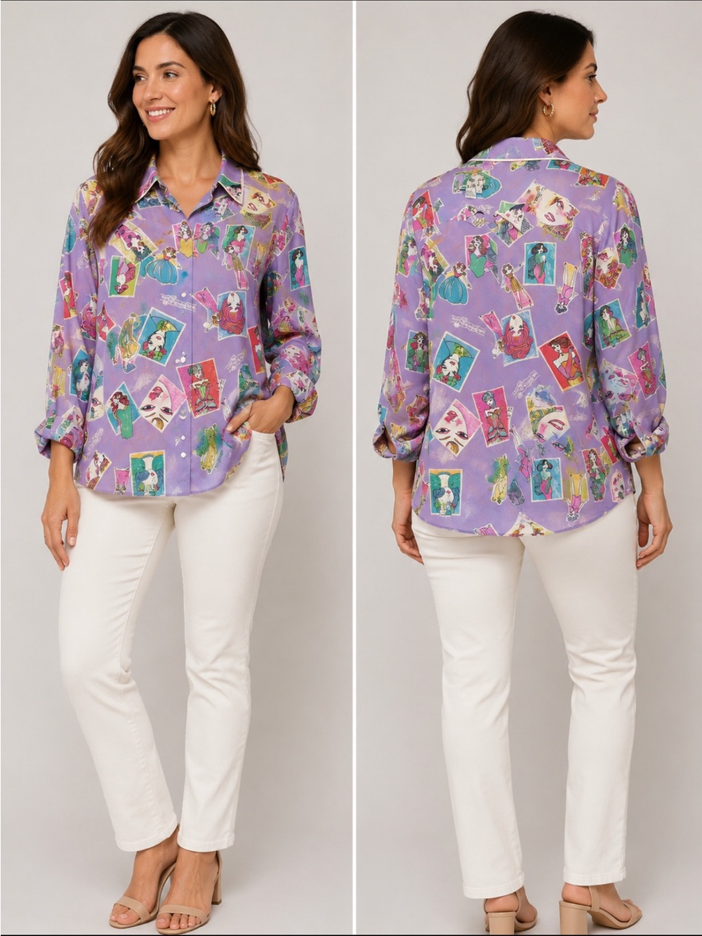 Delta Burke Lavender Silk Button-Up Blouse with Multicolor Illustration # 122